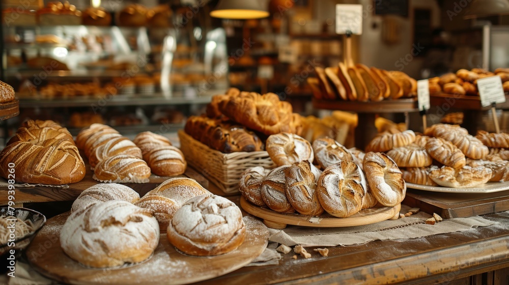 Loaf of bread and bread rolls on a wooden table in a bakery