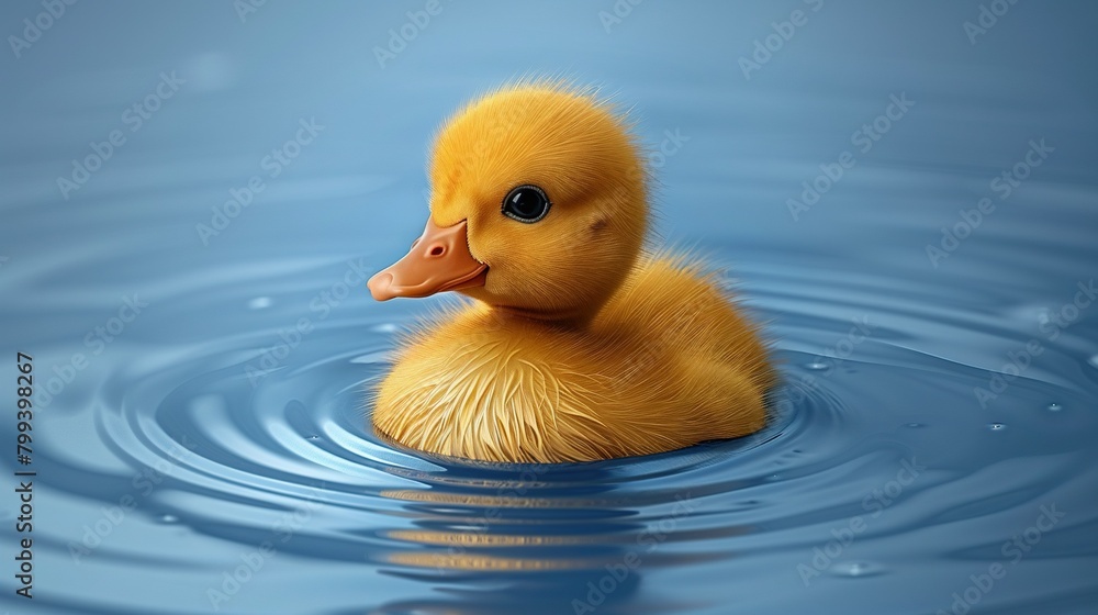 A duck's close-up in still water with ripples against a blue backdrop A duck's close-up in still water with ripples against a blue backdrop