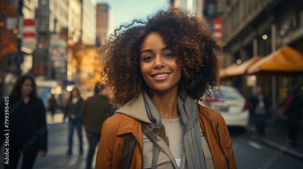 Portrait of a smiling young woman with curly hair in a city street Portrait of a smiling young woman with curly hair in a city street