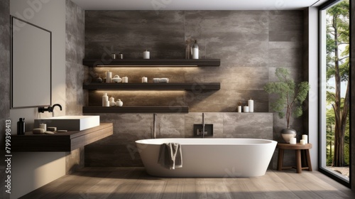 Bathroom With Brown Wall Tiles and White Bathtub