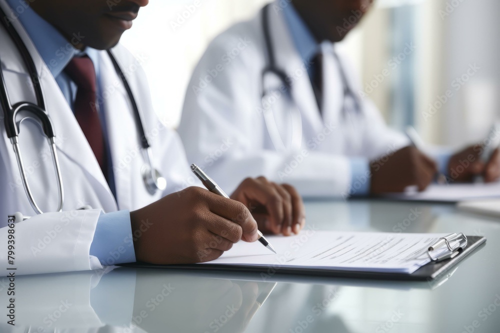 Two doctors in white coats are sitting at a table and writing on clipboards Two doctors in white coats are sitting at a table and writing on clipboards
