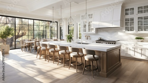 Large White Kitchen With Island and Glass Windows photo