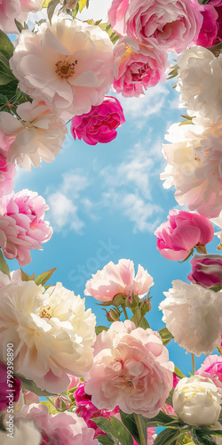 Pink and white roses and peonies framing all corners, roses and peonies facing forward, sky in center, strong depth of field, blue sky