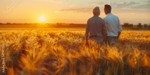 Two farmers standing in a golden wheat field at sunset