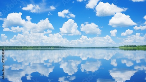 Blue sky and white clouds reflecting on a calm lake