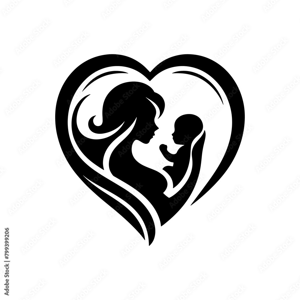 silhouette of a mother holding baby illustration happy mothers day specials, Cute Mom And son with heart Mother's day logo, illustration of  a woman holding a child mothers day special