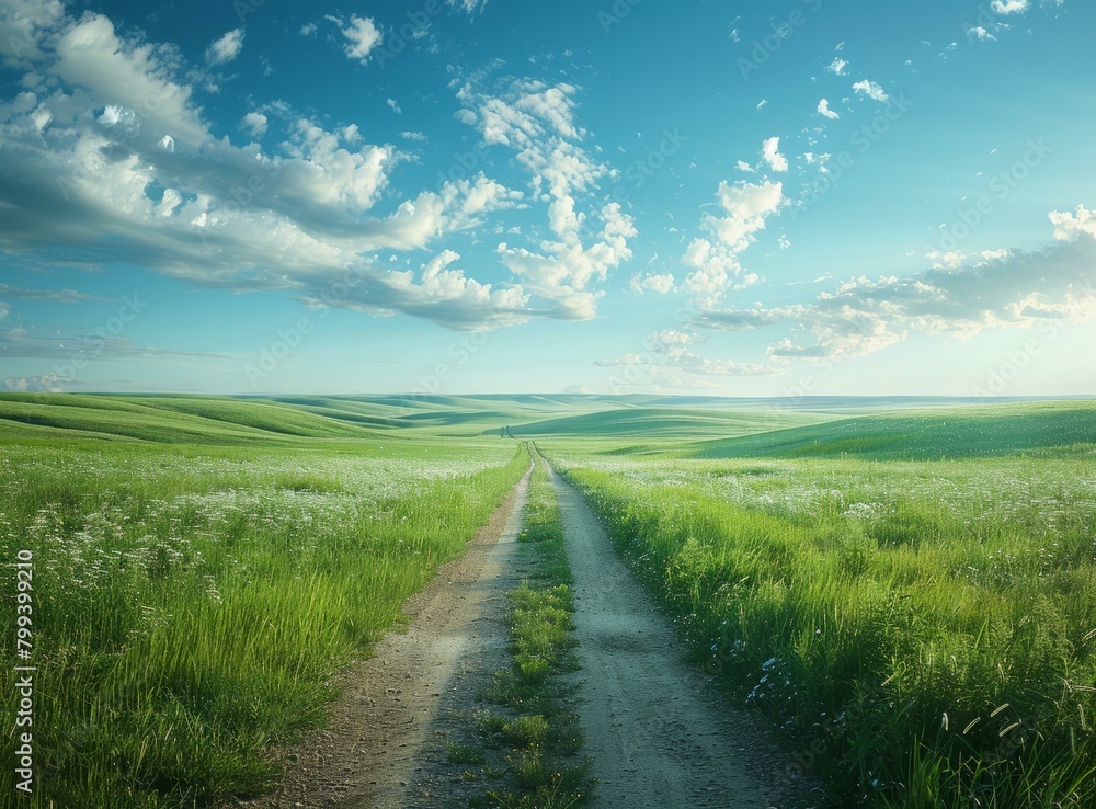 Country road through a lush green field