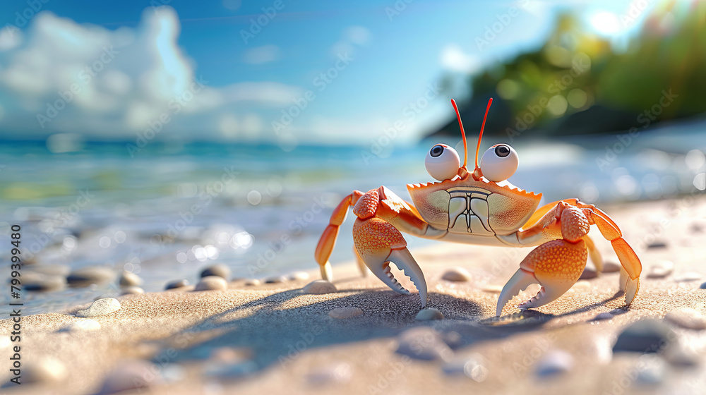 Cartoon crab on the tropical beach background Cartoon crab on the tropical beach background