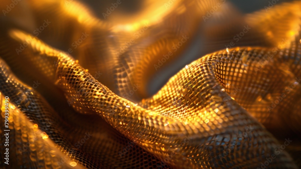 Fototapeta premium Macro shot of undulating textile fibers in teal and orange, resembling waves, highlighting texture, depth, and the interplay of color and light.