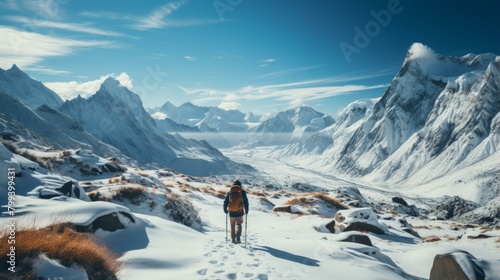 A lone hiker traverses the snow-capped mountains photo