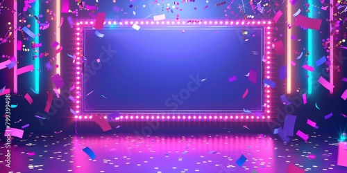 Purple and blue background with glowing frame and confetti