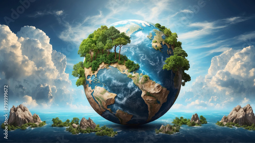 Green planet with lush forests and rugged mountains moves between clouds in clear blue sky. Concept Earth Day environment