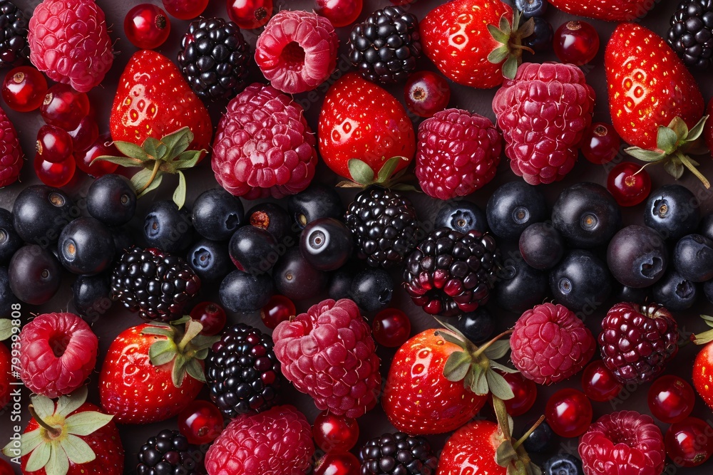 A variety of fresh berries including strawberries, raspberries, blackberries, and blueberries displayed closely together. A variety of fresh berries including strawberries, raspberries, blackberries, and blueberries displayed closely together.