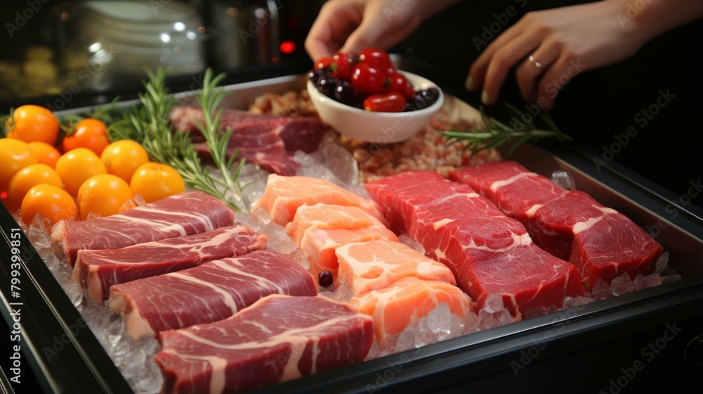 A variety of fresh meats and seafood on ice with garnishes A variety of fresh meats and seafood on ice with garnishes