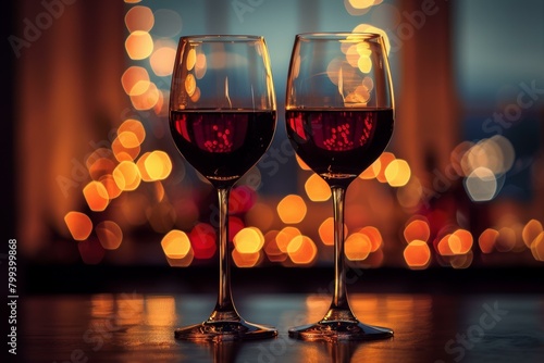 Two glasses of red wine with a blurred background of lights photo