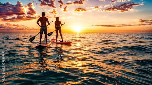 Man and woman standing on surfboards in the ocean at sunset. © Констянтин Батыльчук