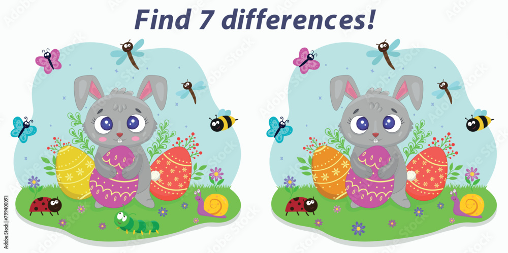 Cute Easter bunny with eggs. Spot the Differences, an educational game ...