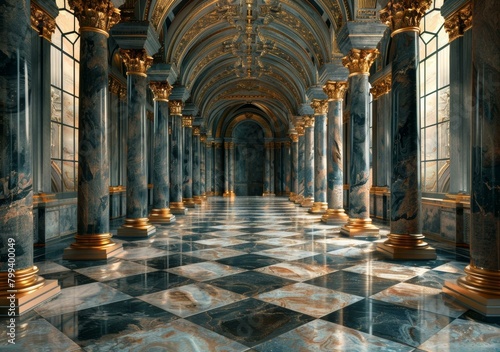 ornate hallway with marble columns and checkered floor