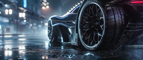 Car wheels for future cars, futuristic sports car tire technology concept with rim frame intersection