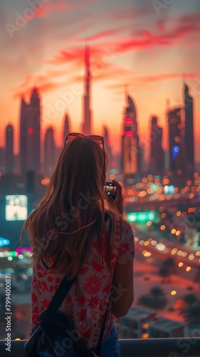 A woman is taking a photo of the Dubai skyline at sunset