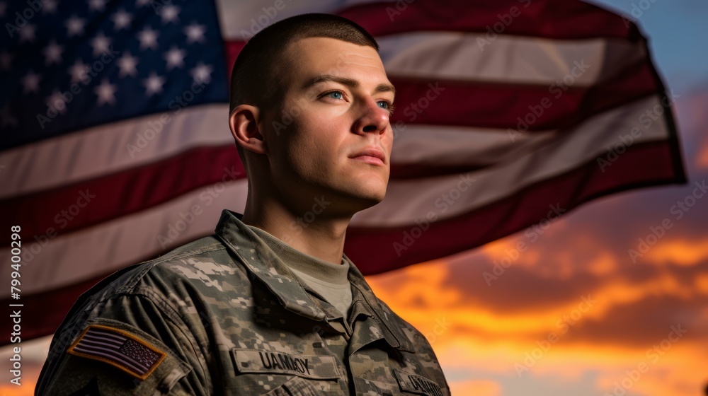 Portrait of a young male soldier in uniform with an American flag in the background Portrait of a young male soldier in uniform with an American flag in the background