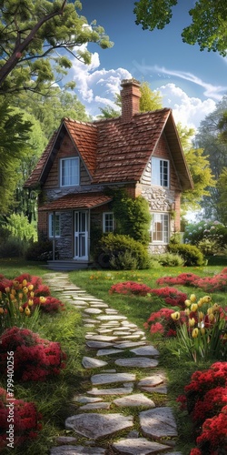 Stone cottage in a beautiful flower garden