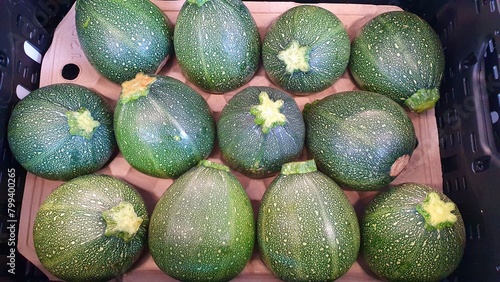 Round zucchini rondini close-up. Zucchini rondini vegetable in a box. Selling and buying vegetables in a store, supermarket, market, fair. Green zucchini on display. photo