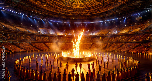 Large group of people standing around fire pit in large stadium.