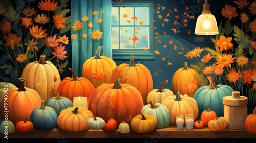 A beautiful illustration of pumpkins and flowers in a room