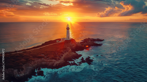 aerial view of lighthouse at sunset