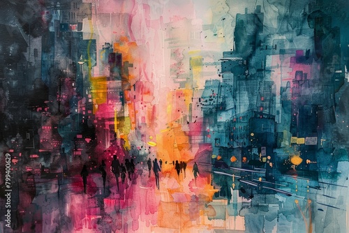 Abstract Watercolor Painting of City Life
