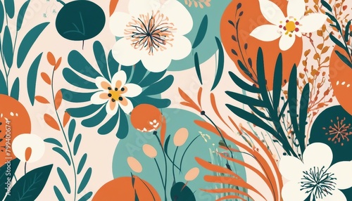 Abstract botanical background with organic shapes and floral motifs.