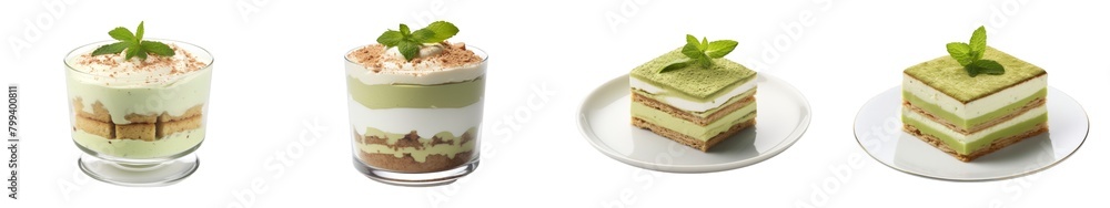 Collection of Green Tea Tiramisu isolated on transparent png background. Generative ai Collection of Green Tea Tiramisu isolated on transparent png background. Generative ai