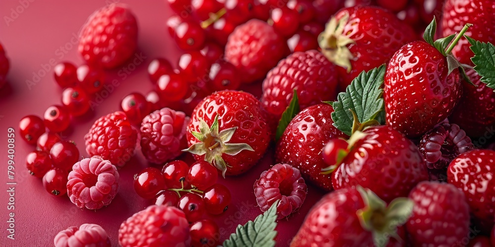A vibrant display of fresh strawberries, raspberries, and scattered smaller berries on a deep red background. A vibrant display of fresh strawberries, raspberries, and scattered smaller berries on a deep red background.