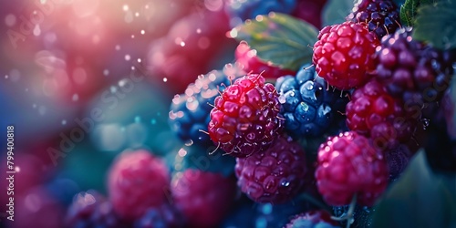 Close-up of ripe  dew-covered berries  including red raspberries and blueberries  under soft  colorful lighting.