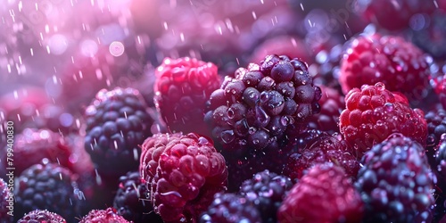 A close-up view of raspberries and blackberries with water droplets in a vibrant, color-rich setting.
