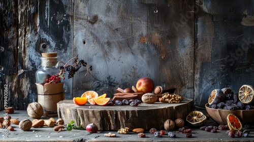 Nuts and dried fruits on vintage wooden boards still life