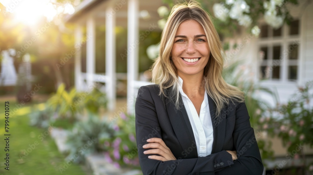 Professional real estate agent smiling confidently outside a property Professional real estate agent smiling confidently outside a property