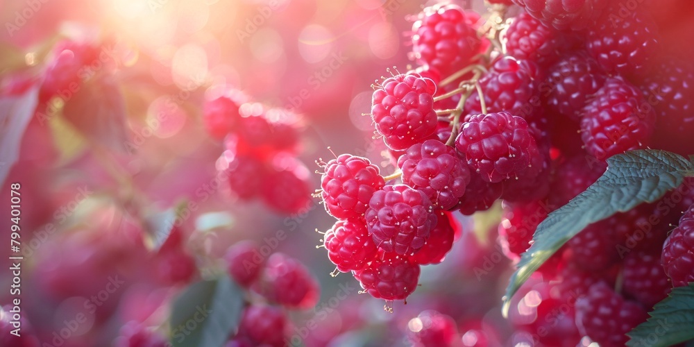 A vibrant close-up image of ripe red raspberries on the bush, bathed in warm, glowing sunlight. A vibrant close-up image of ripe red raspberries on the bush, bathed in warm, glowing sunlight.