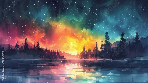 Dreamy Watercolor Northern Lights