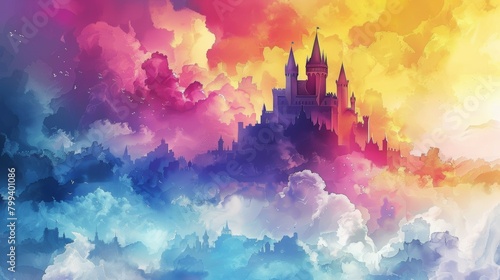 Fantastical Watercolor Castle in the Clouds