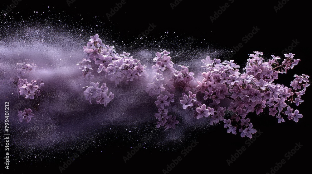 A tight shot of assorted blooms against a black backdrop, overlaid with a splash of paint at the top A tight shot of assorted blooms against a black backdrop, overlaid with a splash of paint at the top