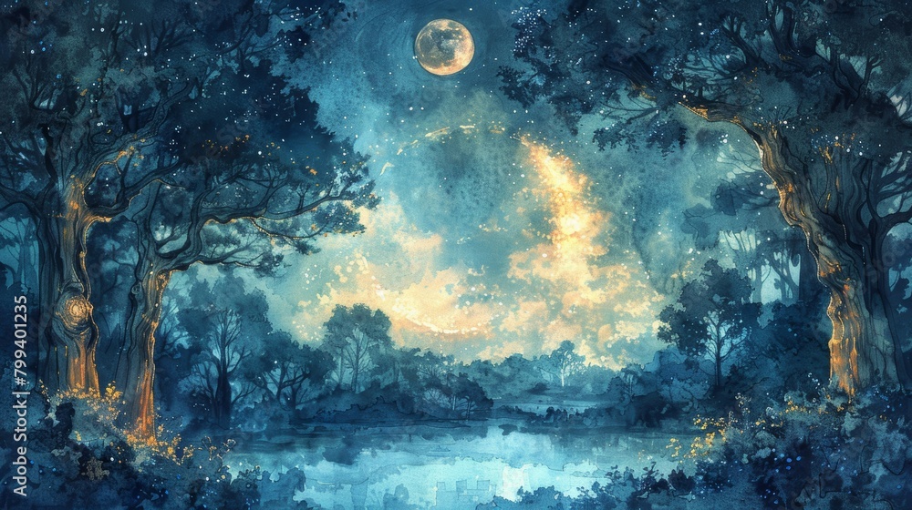 Obraz premium Watercolor Illustration of a Magical Forest at Night