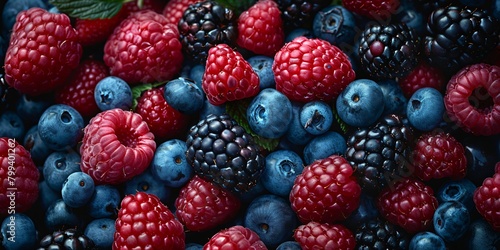 An assortment of fresh, vibrant berries, including raspberries, blueberries, and blackberries, densely packed forming a colorful display.