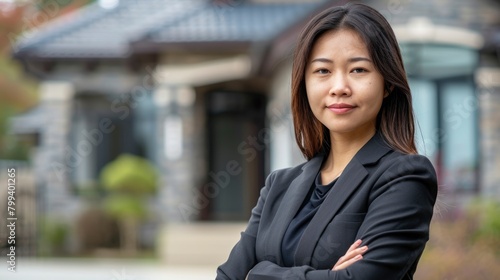  Professional real estate agent smiling confidently outside a property