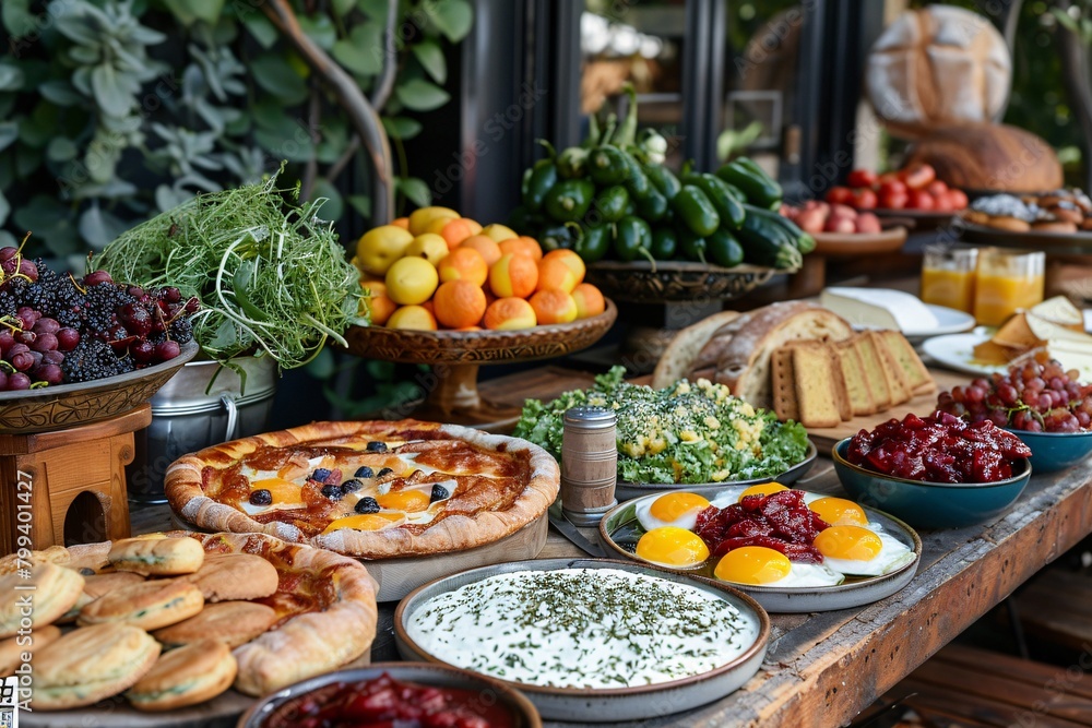 Lavish brunch table filled with various dishes including pastries, fresh fruits, eggs, and salads, set outdoors with a green backdrop.