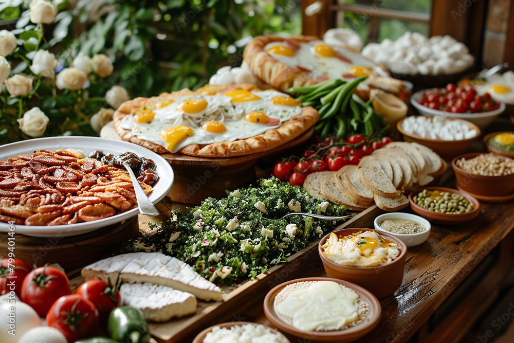 Elaborate brunch spread featuring diverse dishes including eggs, pastries, salads, and fresh vegetables on a rustic wooden table.