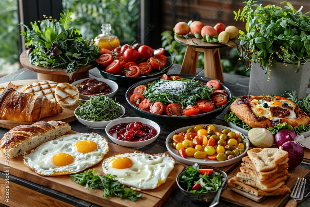 A lavish brunch spread featuring a variety of dishes including fresh salads, pastries, eggs, and sandwiches.