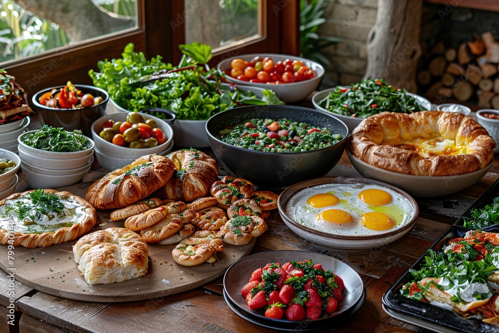 A lavish brunch spread featuring an array of dishes including eggs, pastries, salads, and fruits on a wooden table.