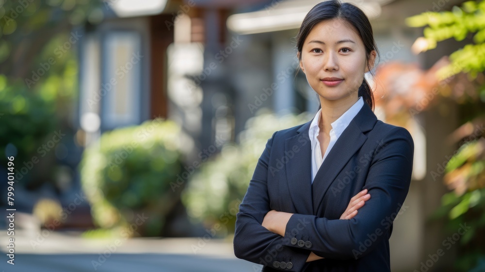 Professional real estate agent smiling confidently outside a property Professional real estate agent smiling confidently outside a property